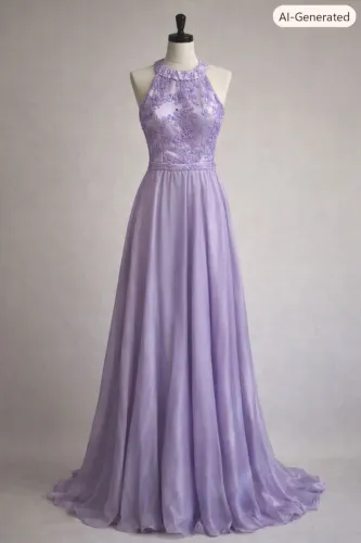 Vestido de festa lilás em Organza e bordado em pedraria