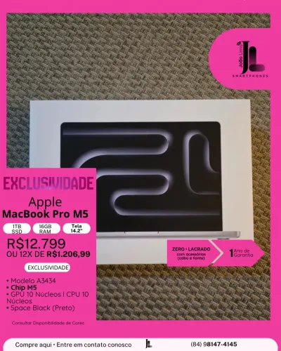 MACBOOK PRO M5, 1TB, 16GB RAM, TELA 14.2 POL., CHIP M5, LACRADO, EXCLUSIVO!!