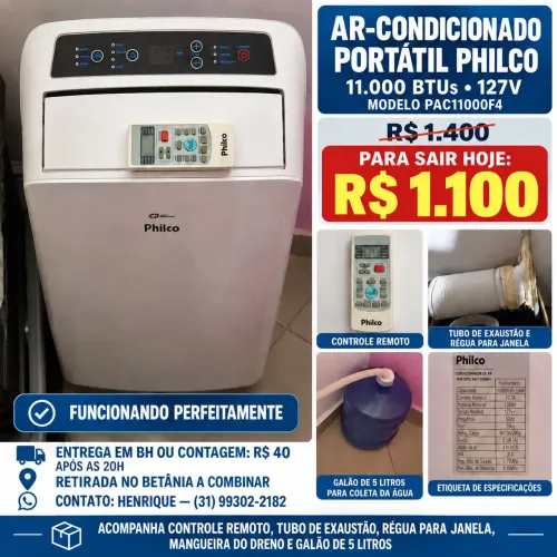 Ar-condicionado portátil Philco PAC11000F4, com capacidade de 11.000 BTUs e voltagem 127V.