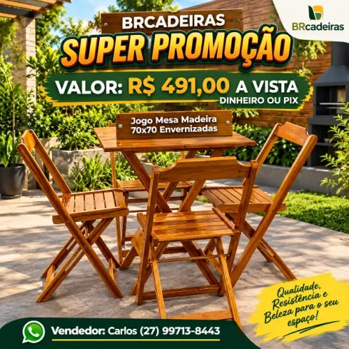 Jogo Mesa Madeira 70x70 com 4 Cadeira  Dobraveis e Envernizadas 