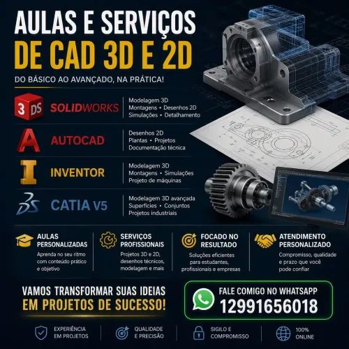 Aulas e Serviços de SolidWorks, AutoCAD, Inventor e CATIA V5 | Projetos 2D e 3D