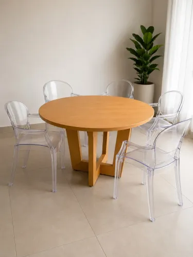 Mesa Redonda 1,20m + 5 Cadeiras Acrílico Transparente | Design Moderno