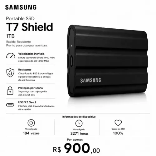 SSD Externo Samsung T7 Shield 1TB Preto USB-C 100% Saúde