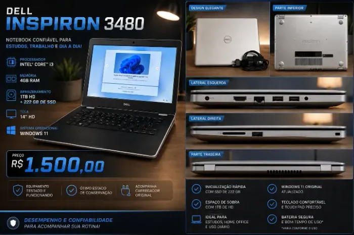 Notebook Dell Inspiron 3480 i3 | 4GB RAM | SSD 222GB + HD 1TB | Usado