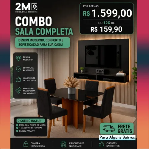 Mesa com 4 Cadeiras + Painel = Combo Sala Completa