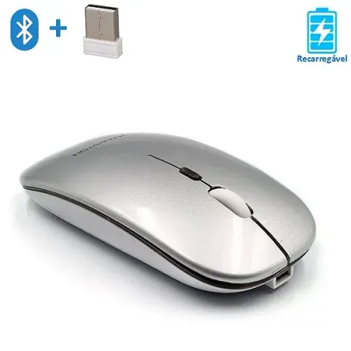 Mouse Sem Fio Recarregável 2 em 1 Bluetooth e USB Dual Mode, Prata - Hoopson