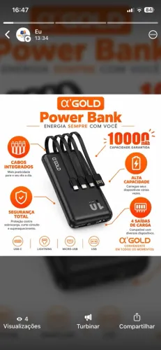 BATERIA PORTÁTIL POWER BANK 10000 mAh 4 CABOS EMBUTIDOS