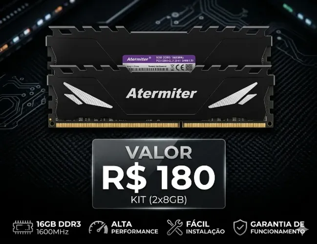 Memória RAM Atermiter 16GB DDR3 1600MHz (Kit 2x8GB) - Perfeito Estado