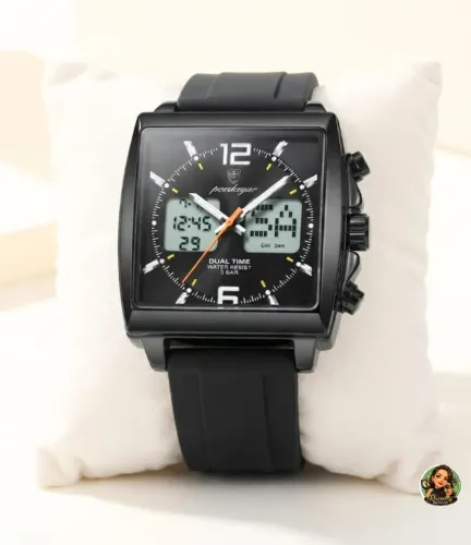 Relógio Masculino Poedagar Quadrado Dual Time Esportivo Pulseira Silicone Preto