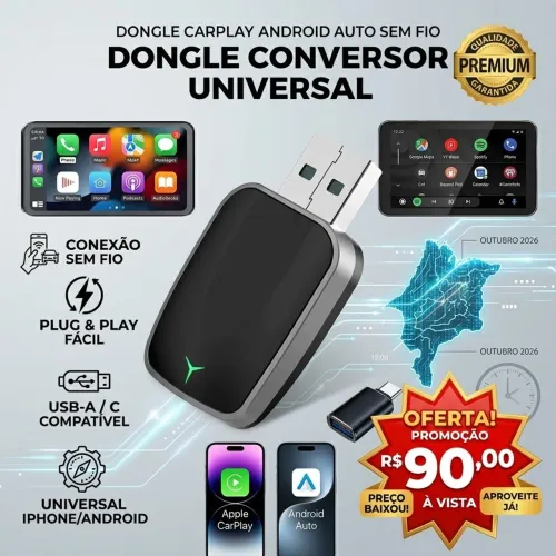 CarPlay e Android Auto Sem Fio para iPhone e Android - Dongle USB-A/C Plug & Play