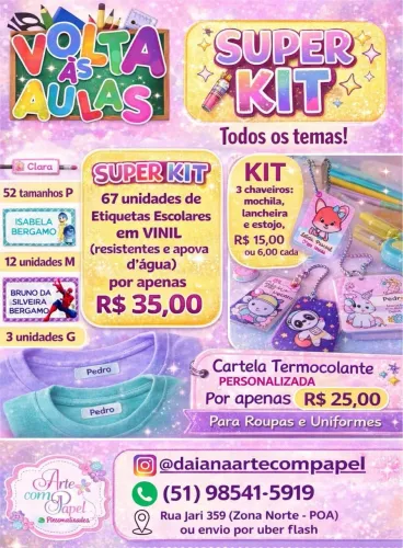 Etiquetas escolares, termocolante e chaveiro