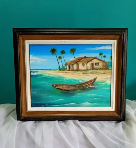tela com moldura - em acrílico - A praia e o barco ancorado