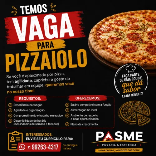 Vaga para pizzaiolo em Lauro de Freitas