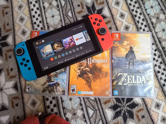 Nintendo switch v2, 3 jogos originais, cartao de memória 120 GB, case, cabo dock