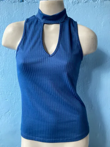 Blusa Feminina Azul Canelada, Tam P (Nova)