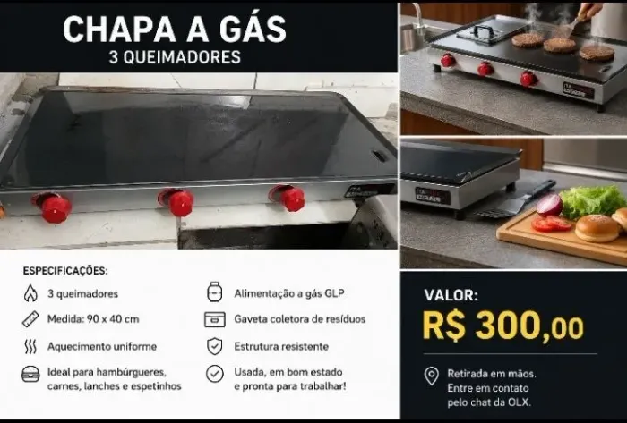 Chapa a gás 90x40 cm - 3 queimadores - usada