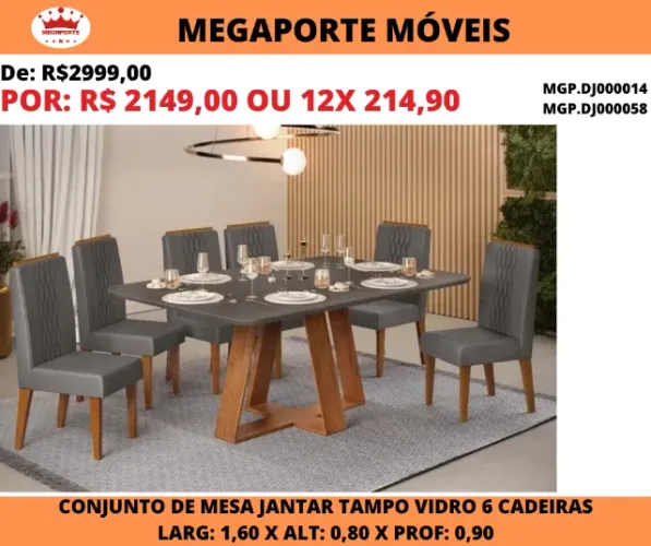 Conjunto Mesa Jantar Tampo de Vidro 0,90x1,60 com 6 Cadeiras