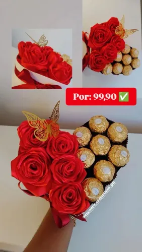 Caixa coração com bombom ferreiro Rocher e rosa eterna 