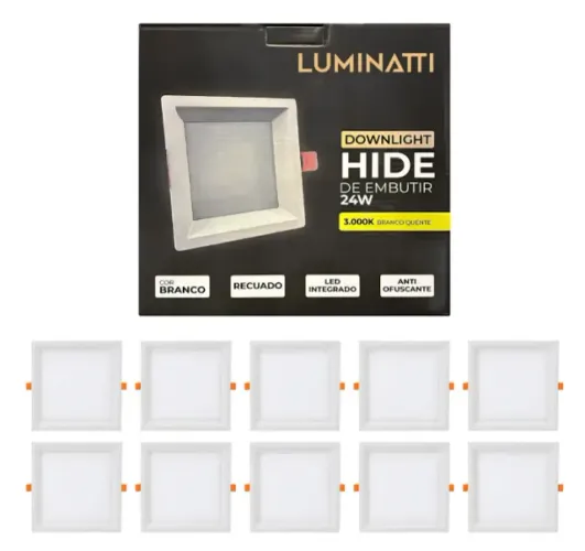 Kit 10 Painéis led recuado de embutir luminatti downlight quadrado 24w 3000k luz amarela