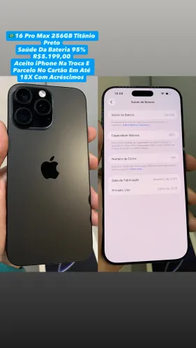 iPhone 16 Pro Max 256GB Titânio Preto ( Saúde Da Bateria 95% ) Usado