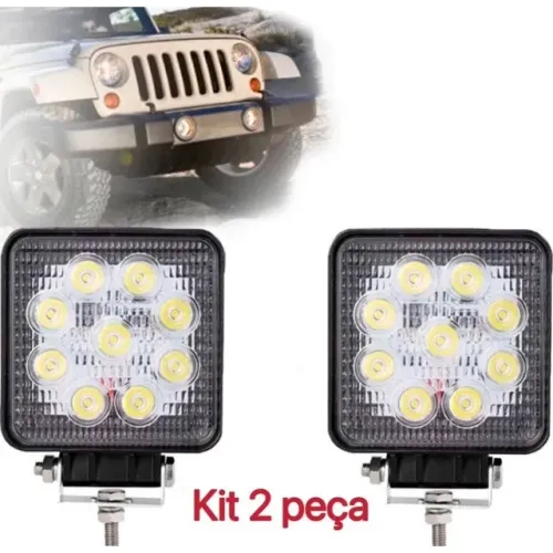 02 Farol De Milha Quadrado 4" 9 Leds 27w 12/24v 7000k