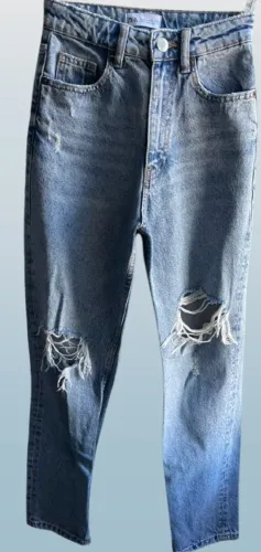 Calça Jeans Mom Rasgada Zara Estilo Destroyed Azul Claro