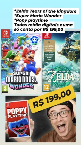 Super Mario Wonder,  Zelda Tears of the Kingdom e Poppy Playtime para Nintendo switch 