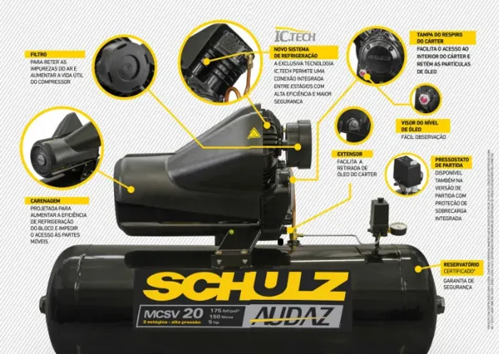 Compressor Industrial Schulz Audaz MCSV 20 Pés 200 Litros 5CV