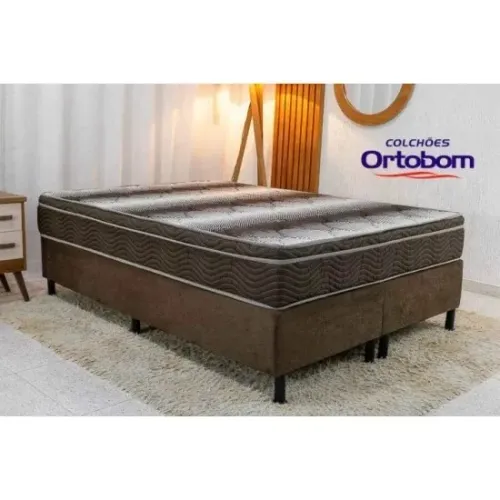 Box Casal Bipartida Sued Marrom + Colchão Casal Ortopédico Light 138x188x25 - Ortobom