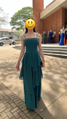 Vestido Longo Madrinha Camadas Verde Esmeralda Petróleo 