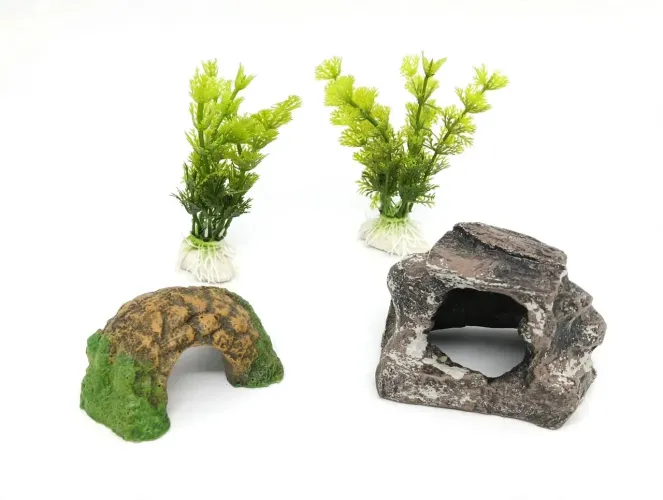 Kit Decoração Aquário - 2 Plantas Artificiais + 2 Tocas Rochas - Esconderijo peixe