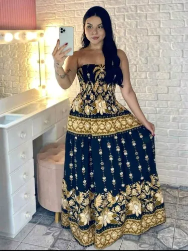 Vestido Longo Tomara Que Caia Estampado Floral Verão Moda Feminina Carnaval
