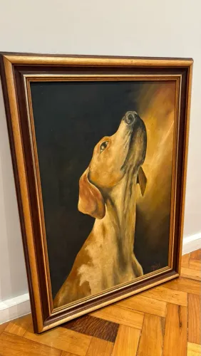 Quadro Pintura de Cachorro com Moldura de Madeira Nobre - 83 cm x 61 cm