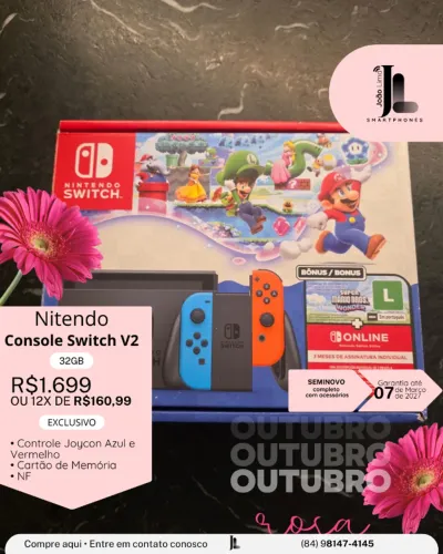 CONSOLE NITENDO SWITCH V2, 32GB, SEMINOVO NA GARANTIA , EXCLUSIVO!
