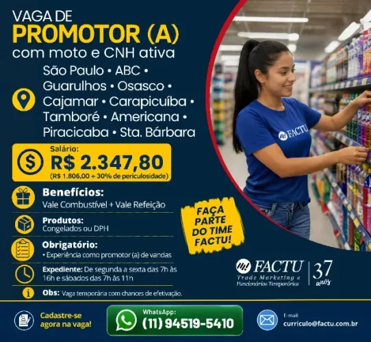 Promotor (a) de Vendas em todas as regiões de São Paulo, ABC, Osasco e outras
