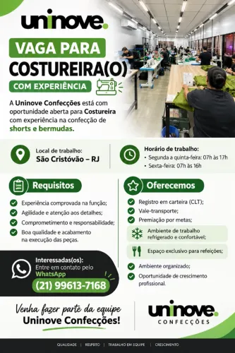 VAGA PARA COSTUREIRA -  SÃO CRISTOVÃO