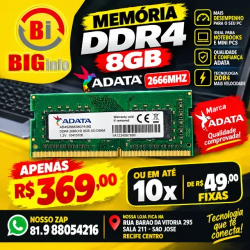 Memória RAM DDR4 8GB 2666Mhz 1 Adata AD4S266616G19-SGN - Em ate 10x Fixas