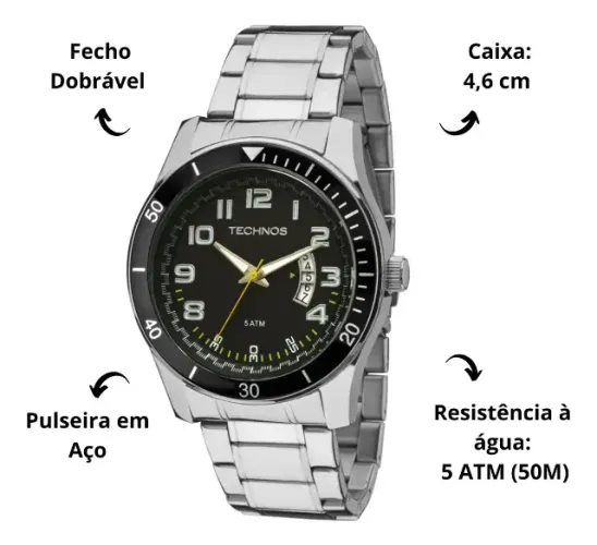 relógio tecnos prateado com bisel e mostrador preto e vários detalhes original