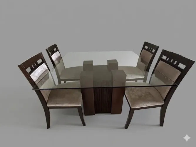 Mesa de jantar pe madeira com tampao vidro 10mm com 4 cadeiras com estofado