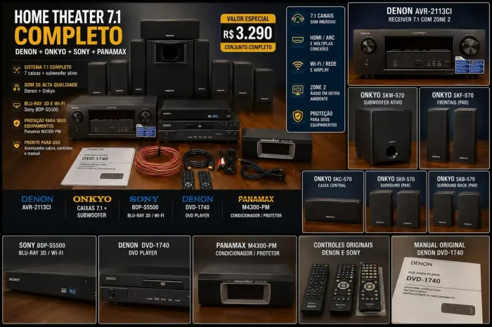 Home Theater Completo Denon + Onkyo + Blueray + Condicionador Panamax - Imperdível