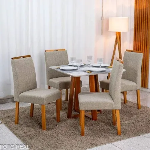 Mesa de Jantar Filadélfia 90x90 C/4 Cadeiras em Linho MDF rf32 S
