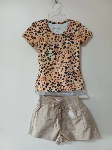 Cj. infantil Pituchinhu's, camiseta animal print e shorts com bolsos frontais, tam.4.