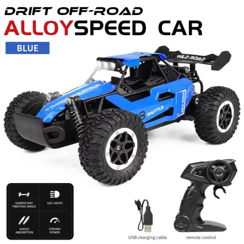 Carro de Controle Remoto Azul Escala 1:16 2.4G de Alta Velocidade com Luzes LED 2WD