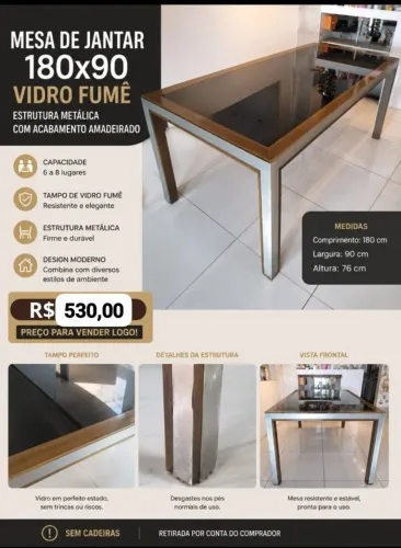 Mesa de Jantar 180x90 Vidro Fumê, Madeira e Estrutura Metálica - 6/8 Lugares