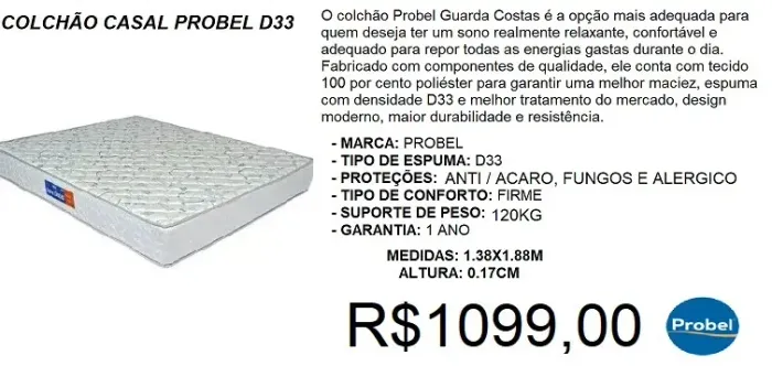 COLCHÃO CASAL PROBEL A PRONTA-ENTREGA