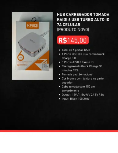 HUB CARREGADOR TOMADA KAIDI 6 USB TURBO AUTO ID 7A CELULAR