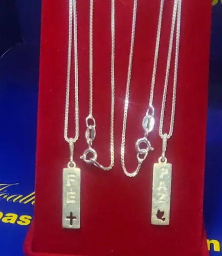 2 Gargantilhas Veneziano 45 Cm e Fio 0.50 mm Pingente Fé e Paz 19 x 5 mm Prata 925 e Peso