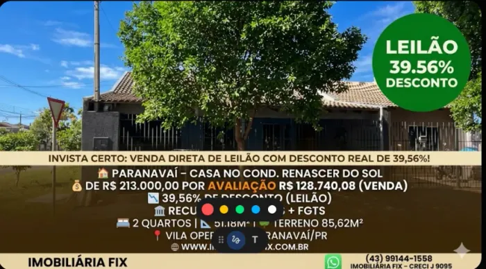 Invista certo: Venda Direta de LEILÃO com desconto real de 39,56%! ? PARANAVAÍ
