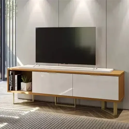 Rack Bancada Malibu 2 Portas para Tv até 70 Polegadas Pés em Aço Tauari Clean / Off White<br>