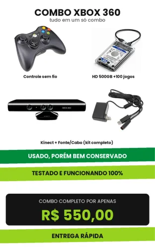 Xbox 360 Kit: Controle + Kinect + Fonte + HD 500GB (+100 Jogos)